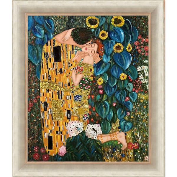 LA PASTICHE Kiss in the Garden by Gustav Klimt Andover Champagne Framed People Oil Painting Art Print 25.38 in. x 29.38 in.