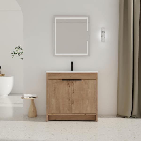 Unbranded 36 in. W x 18 in. D x 34 in. H Freestanding Single Sink Bath Vanity in Imitative Oak with White Ceramic Top