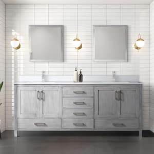 Jacques 80 in. W x 22 in. D Distressed Grey Double Bath Vanity, White Quartz Top, Faucet Set, and 30 in. Mirrors