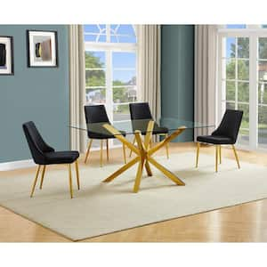 Tom 5-Piece Clear Glass Top Cross Leg Base Dining Set with 4-Black Gold Chrome Chairs