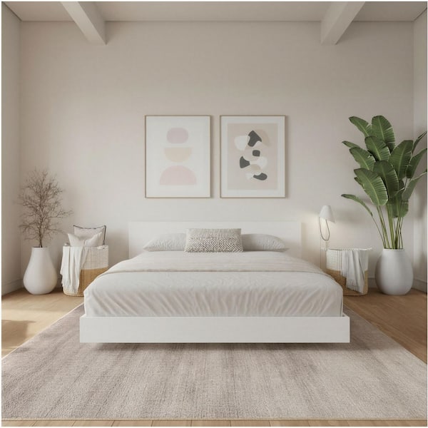 Satori White Wood Frame Full Size Low-Profile Platform Bed with Headboard