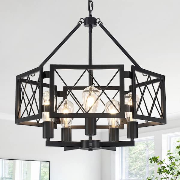 5-Light Black Modern Drum Farmhouse Chandelier for Kitchen Island with no bulbs included