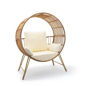 Round Wicker Outdoor Metal Frame Egg Chair with Cushions, Beige