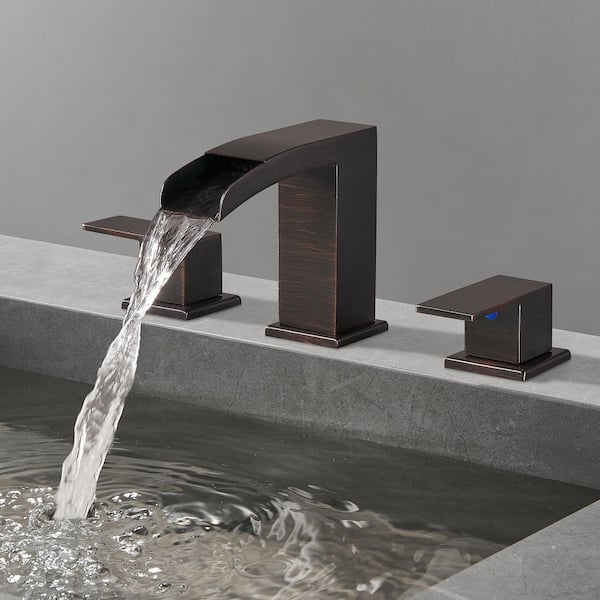 Waterfall 8 in. Widespread Double Handle Low Arc Bathroom Faucet with Drain kit Included in Oil Rubbed Bronze(1-Pack)
