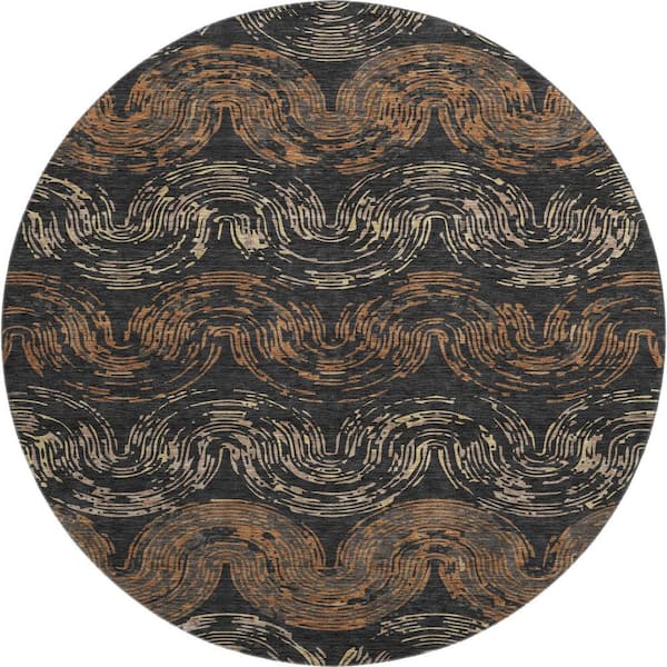 Mayfield Premium Machine Washable Abstract AMF2461 Black 8 ft. x 8 ft. Round Rug