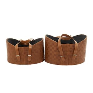 Brown Leather Modern 14 in. and 12 in. Storage Basket (Set of 2)