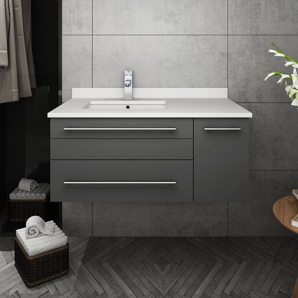 Gray Solid Wood and MDF Wall Mount Vanity with Quartz Stone Top