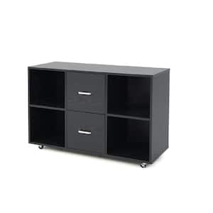 Black Rolling Wood File Cabinet With 2-Large Drawers and 4-Open Compartments Office