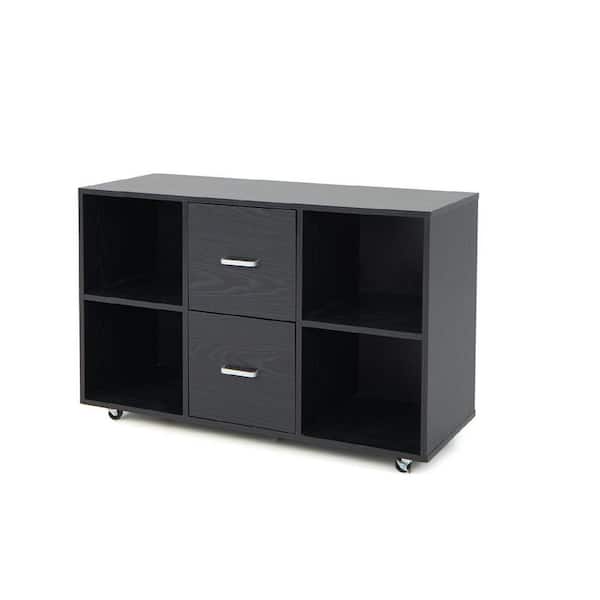 Gymax Black Rolling Wood File Cabinet With 2-Large Drawers and 4-Open Compartments Office