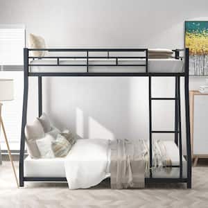 Metal Bunk Beds Twin Over Full Size, Metal Low Floor Bunk Beds with Ladders and Guard Rail for Teens Bedroom, Black