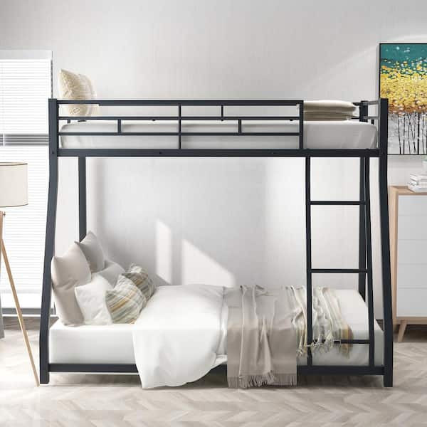 Metal Bunk Beds Twin Over Full Size, Metal Low Floor Bunk Beds with Ladders and Guard Rail for Teens Bedroom, Black