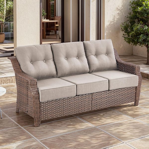 Round Side Series 3 Seat Wicker Outdoor Patio Sofa Couch with Deep Seating and Beige Cushions