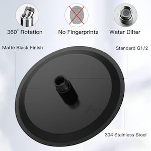 1-Spray Patterns with 2.5 GPM 10 in. Round Wall Mount Ceiling Mount Metal Ultra-Thin Fixed Shower Head in Matte Black