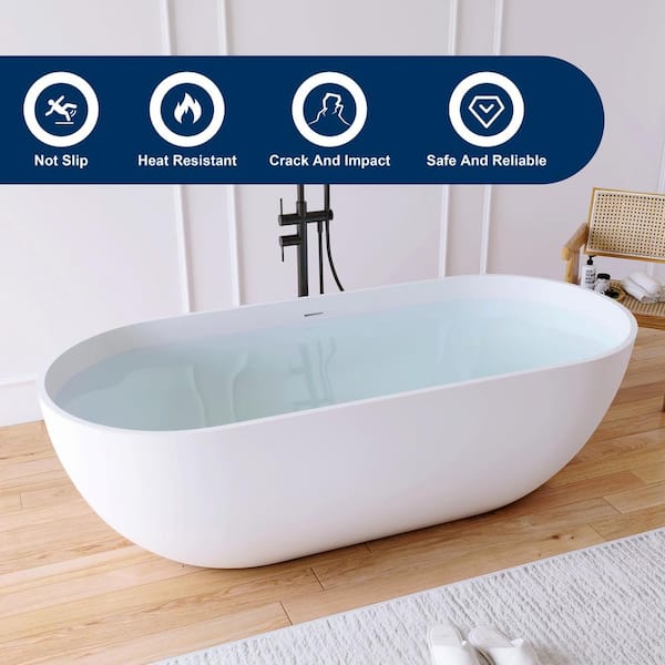 Ariana 69 in. x 30 in. Stone Resin Solid Surface Flatbottom Freestanding Soaking Bathtub in White