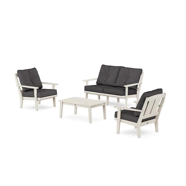 POLYWOOD Mission 4-Pcs Plastic Patio Conversation Set with Loveseat in Sand/Ash Charcoal Cushions