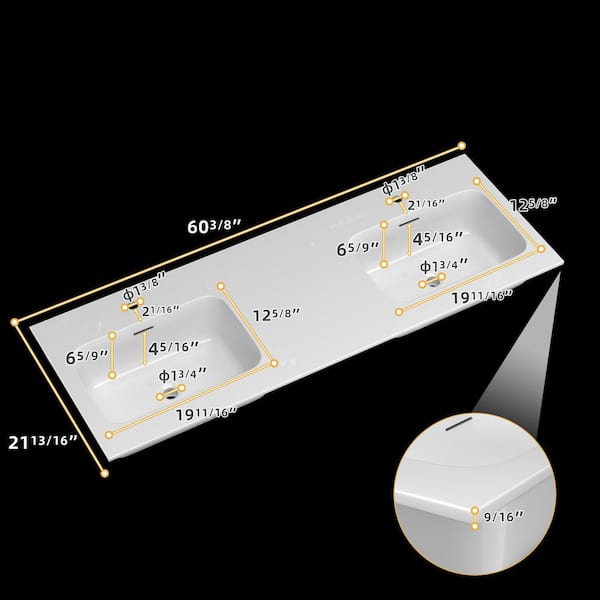 60 in. W x 22 in. D Solid Surface Rectangular Double Sink Vanity Top in White with Pre-Drilled Faucet Hole for Bathroom
