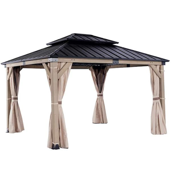 Midwood 12 ft. x 10 ft. Nature Steel Hardtop Wood Gazebo with Curtain ...