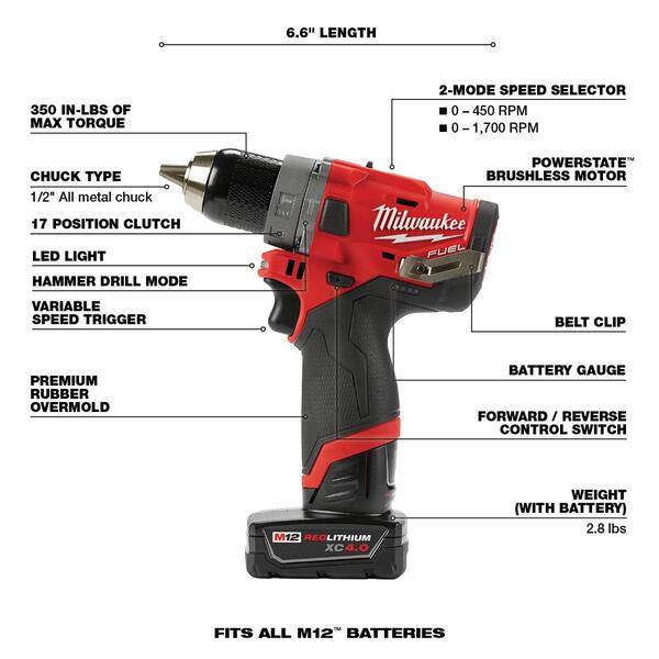 2504-20 BARE TOOL MILWAUKEE M12 FUEL Brushless Cordless 1/2 in Hammer Drill 