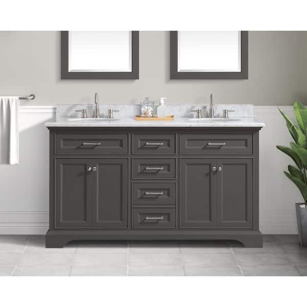 Home Decorators Collection Windlowe 61 in. W x 22 in. D x 35 in. H Freestanding Bath Vanity in Gray with Carrara White Marble Top