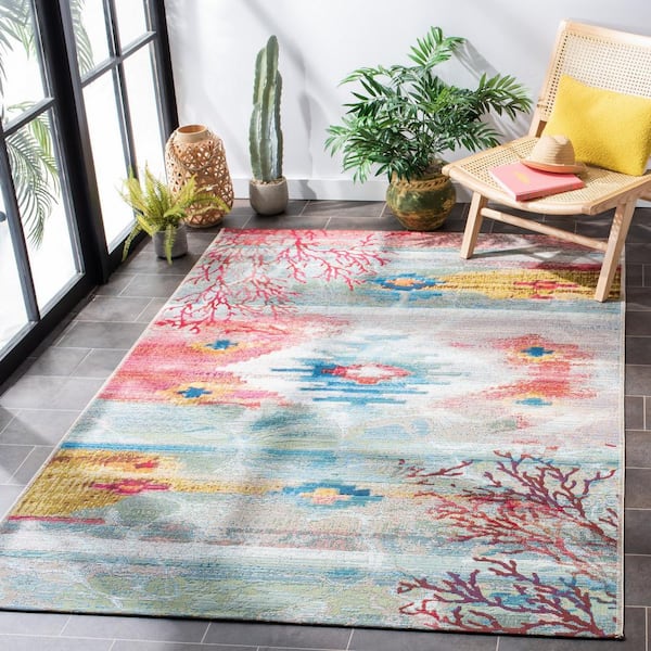 Barbados Light Blue/Pink 4 ft. x 6 ft. Ikat Distressed Indoor/Outdoor Patio  Area Rug