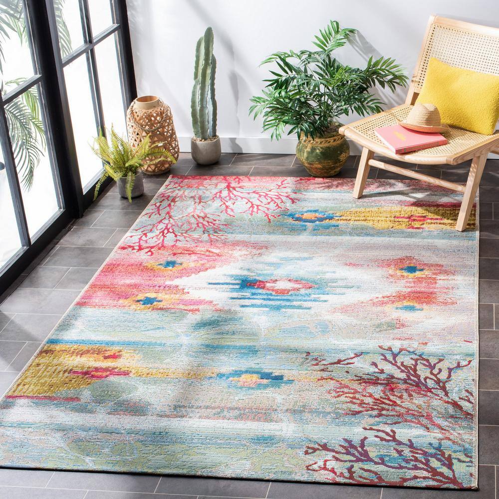 Layla Barbados Light Blue & Pink 8'x10' Synthetic Outdoor Rug