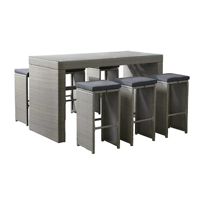 Asti 40 in. H 7-Pieces Wicker Outdoor Dining Set with Glass Top Pub Table Six 30 in. H Stools with Gray Cushions