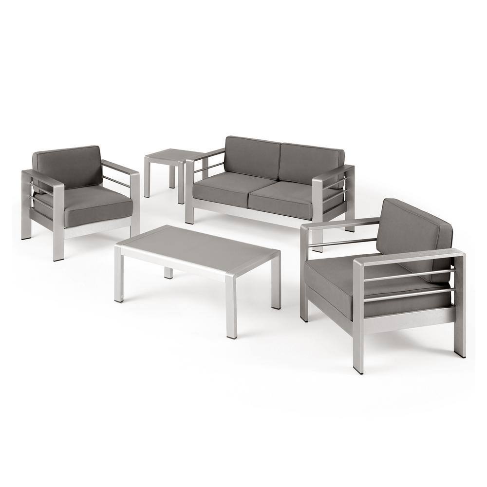 Noble House Cape Coral Silver Piece Aluminum Patio Conversation Set