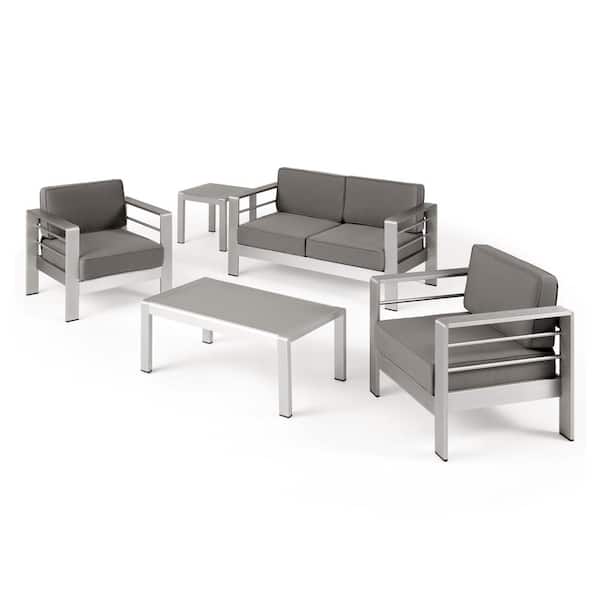 Noble House Cape Coral Silver 5-Piece Aluminum Outdoor Patio Conversation Set with Khaki Cushions