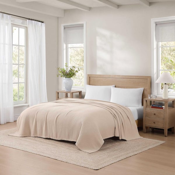 Tommy Hilfiger Pique Solid Khaki Beige Cotton Twin Blanket Tommy Hilfiger Pique Solid Khaki Beige Cotton Twin Blanket