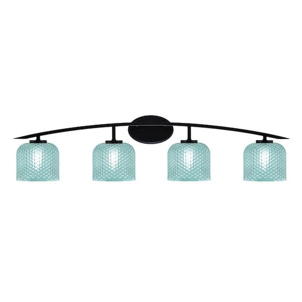 Unbranded Siena 40 in. 4-Light Matte Black Vanity-Light with 6 in. Turquoise Textured Glass Shades No Bulbs Included