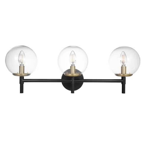 25 in. 3 Light Matte Black Round Vanity Light with Clear Glass Shade