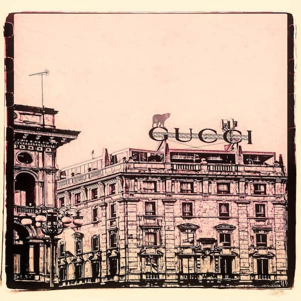 VENICE BEACH Collections Gucci Building with Leopard in Inks by Grotto Studios Unframed Graphic Print Abstract Poster Art Print 20 in. x 20 in.