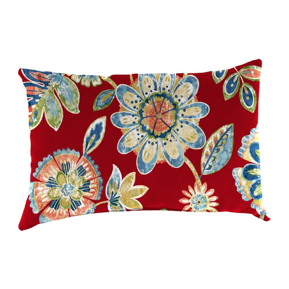 Set of 2 Red Floral Polyester Outdoor Lumbar Pillows