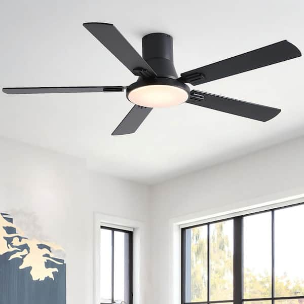 Thalion 52 in. Indoor/Outdoor Matte Black Integrated LED Flush Mount Ceiling Fan With Remote and Dual-Finish Blades