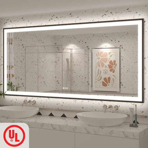 77 in. W x 36 in. H Rectangular Space Aluminum Framed Dual Lights Anti-Fog Wall Bathroom Vanity Mirror in Tempered Glass