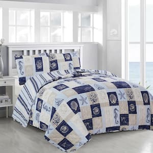 3-Piece Blue Reversible Patchwork Coastal Themed Full/Queen Microfiber Quilt Set Bedspread