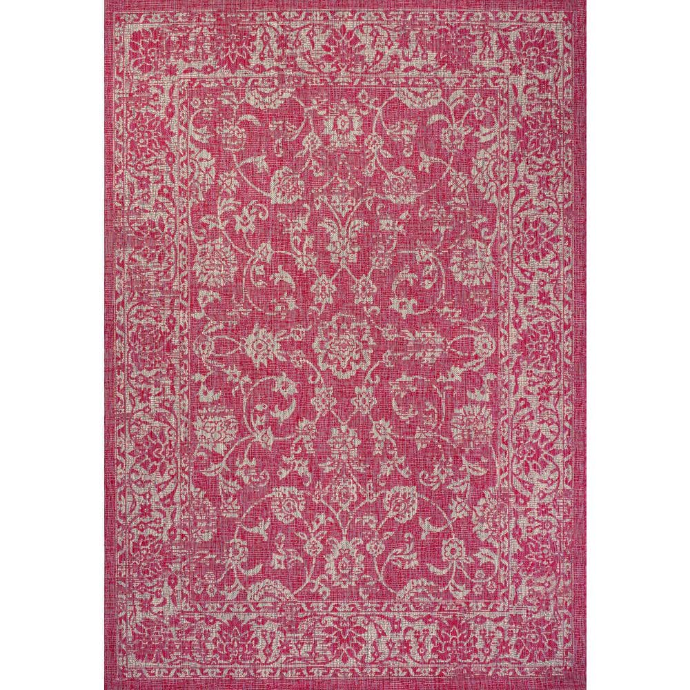 Fuchsia and Light Gray Floral Synthetic 5'3" x 7'7" Reversible Area Rug