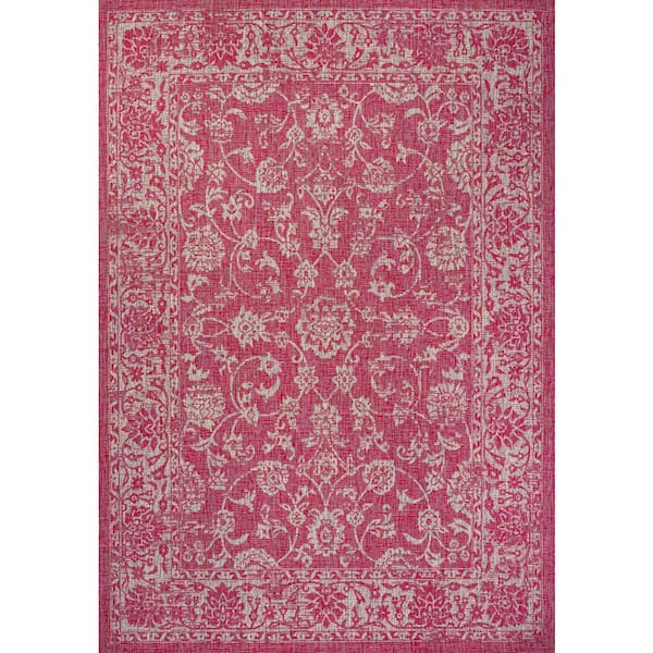 Tela Bohemian Textured Weave Floral Fuchsia/Light Gray 5 ft. x 8 ft. Indoor/Outdoor Area Rug