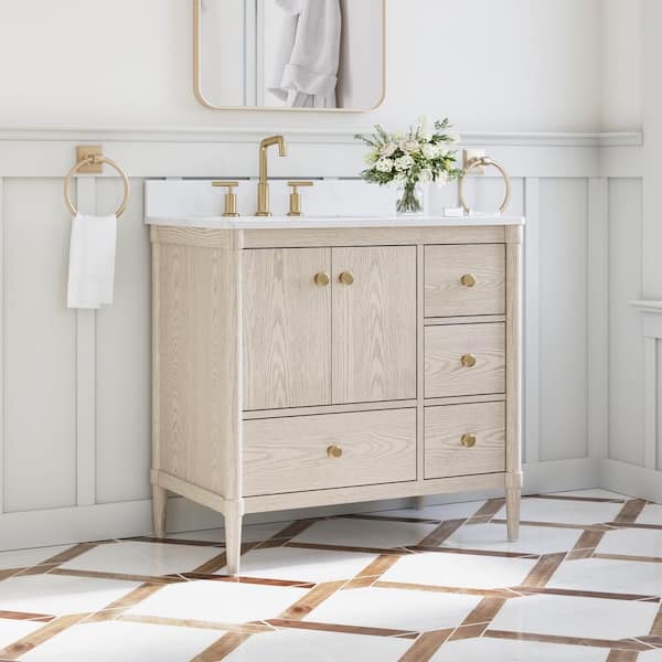 36 in. Oak Solid Wood CUPC Certified Single Sink Bath Vanity with Carrara White Quartz Top, Soft-Close, Assembled