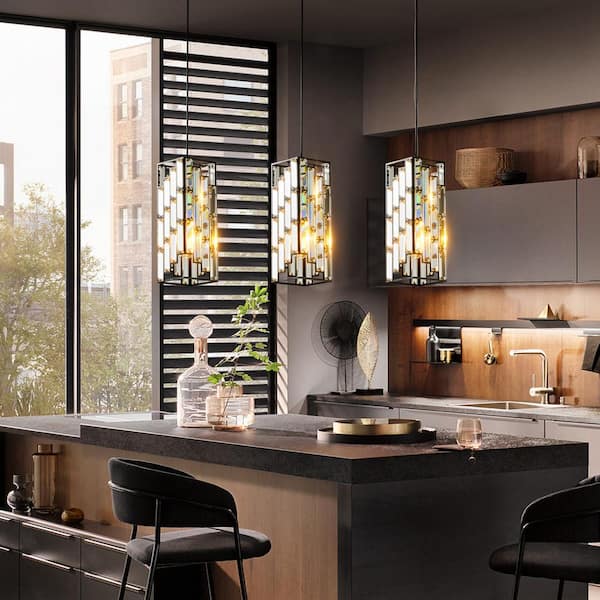 ブラック ジオメトリック ペンダントライト PUDO 4.1 in. 3-Light Black Modern Industrial Pendant Light with