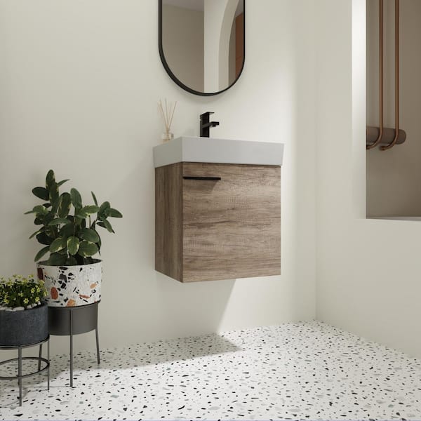 Elegant 19 in. W x 14.9 in. D x 22.8 in. H Floating Bath Vanity in Grey Oak with White Ceramic Top