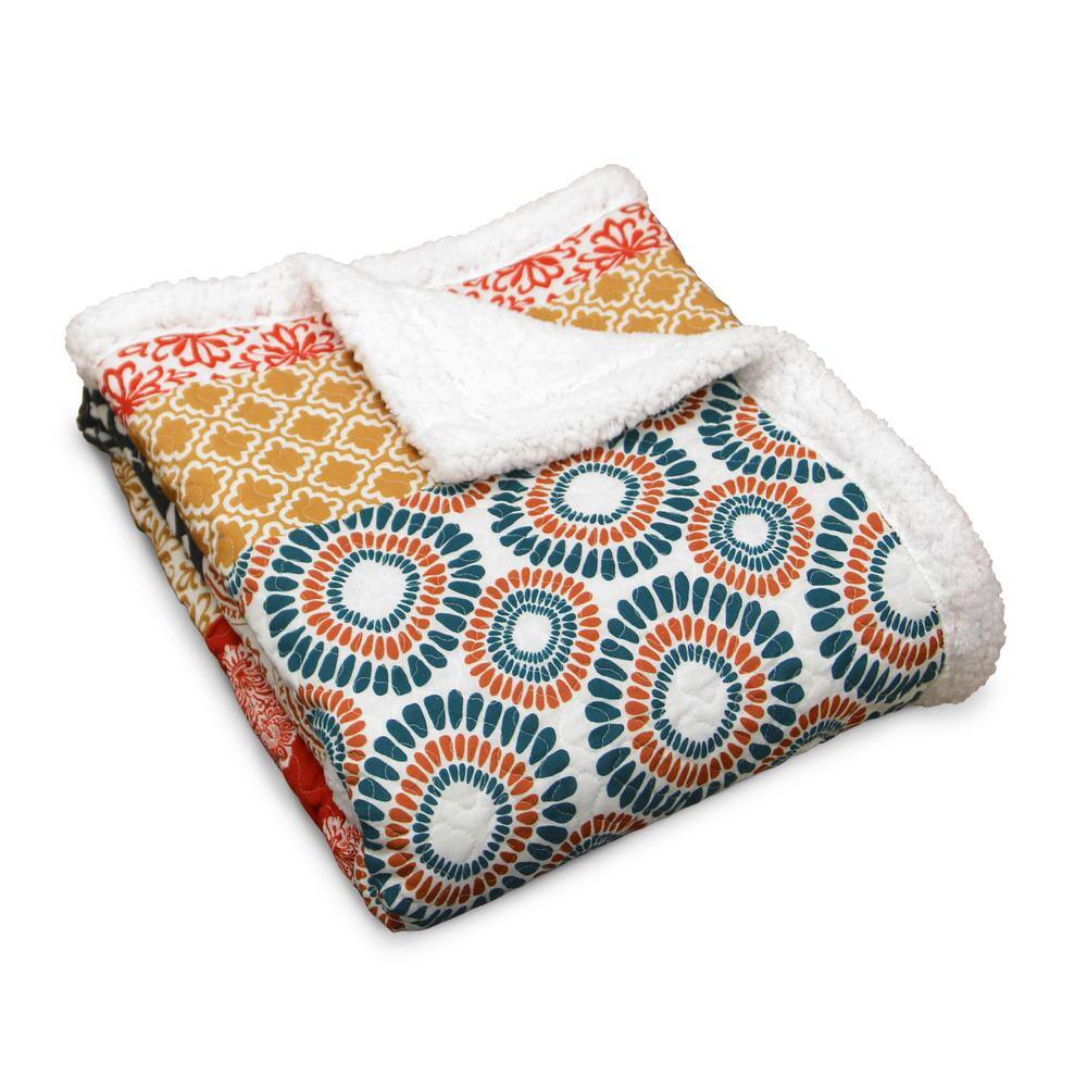 Bohemian Stripe Turquoise and Orange Cotton Sherpa Throw Blanket