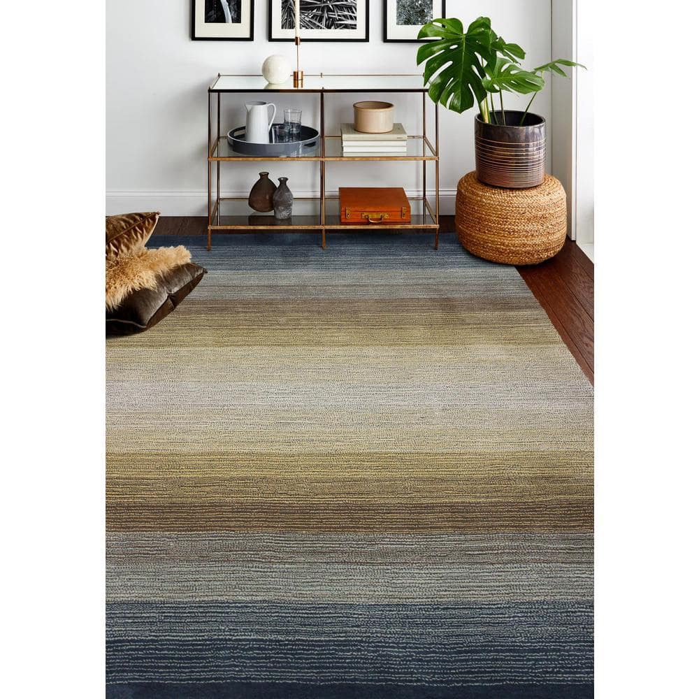 Handmade Light Blue and Brown Wool Striped Area Rug, 5' x 7'
