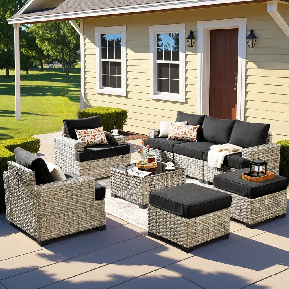 Merritt 8-Piece Wicker Outdoor Furniture Patio Conversation Sofa Seating Set with a LED Table and Black Cushions price history on PriceWatchPro