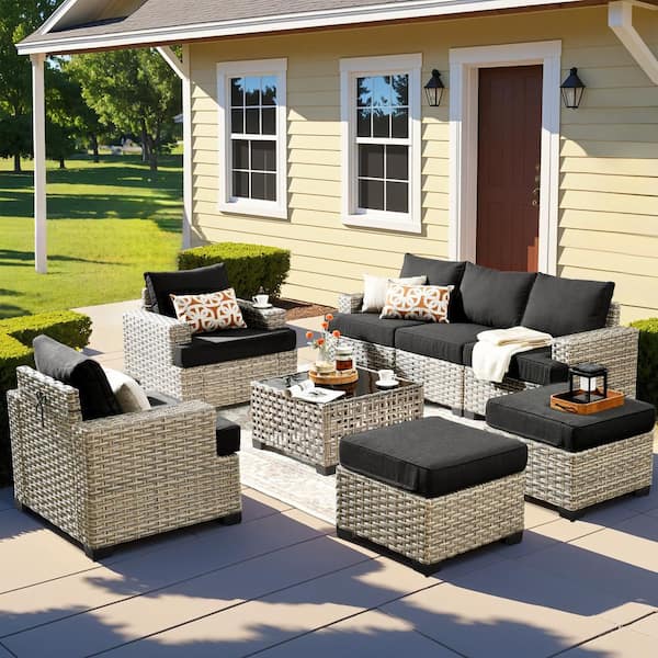 HOOOWOOO Merritt 8-Piece Wicker Outdoor Furniture Patio Conversation Sofa Seating Set with a LED Table and Black Cushions