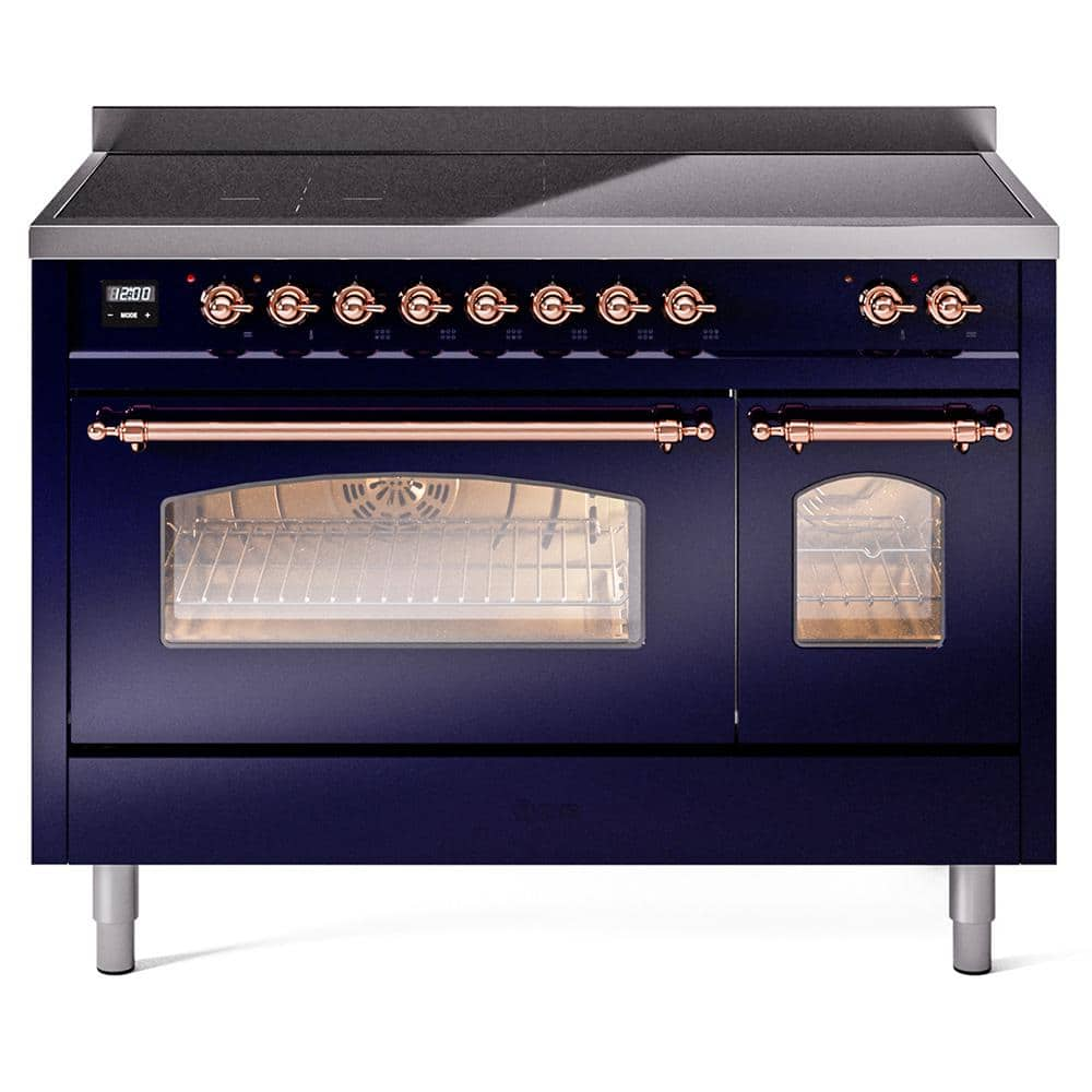 Nostalgie 48 in. 6 Zone Freestanding Double Oven Induction Range in Midnight Blue with Copper Trim -  ILVE, UPI486NMPMBP