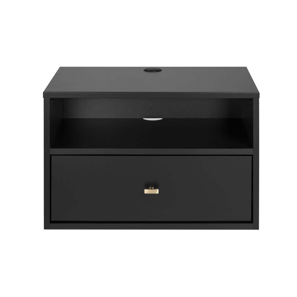 Set of 2 Black Floating Nightstands with Brass Handles