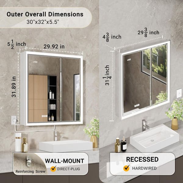 Anglora 30 in. W x 32 in. H LED Beveled Edge Rectangular Aluminum Recessed/Surface Wall Medicine Cabinet with Mirror