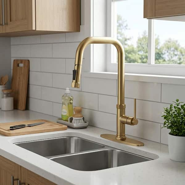 Single Handle 2-Water Modes Pull Down Sprayer Kitchen Faucet with Stainless Steel and Brass in Gold