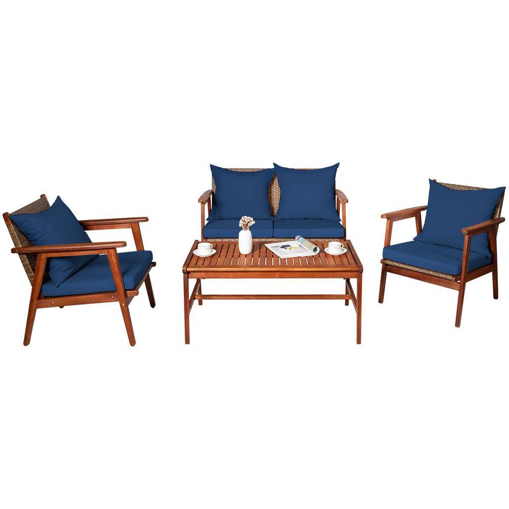 ANGELES HOME 4Piece Solid Wood Outdoor Patio Conversation Sofa Set with Navy Cushions, Loveseat